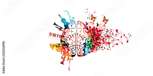 Obraz Kolorowy ludzki mózg z muzyk notatkami i instrumentami odizolowywał wektorowego ilustracyjnego projekt. Plakat festiwalu muzyki artystycznej, koncert na żywo, twórcze nuty, słuchanie muzyki