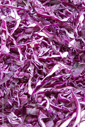 Chopped red cabbage, closeup. Top view, from above.