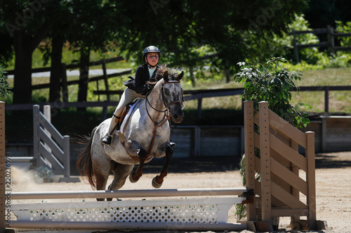A girl riding a horse and jumping a fence during a horse show.