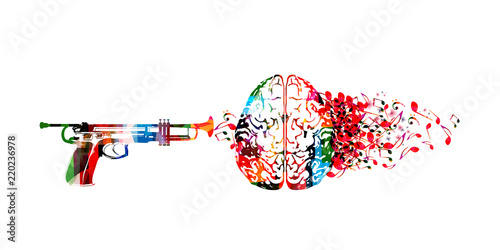 Colorful human brain with music notes and trumpet isolated vector illustration design. Artistic music festival poster, live concert, creative music notes, listening to music