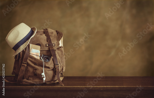 Looking image of the traveling concept, essential vacation items. Backpack. 