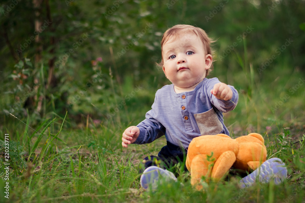 Little boy playing with brown Teddy bear