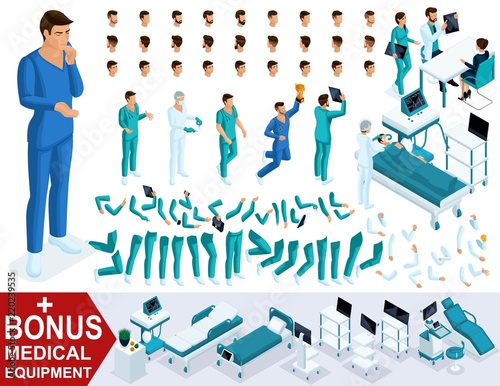 Isometrics create your character doctor, surgeon, sets of gestures of legs and hands, emotions and hairstyles. Bonus medical equipment