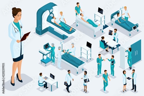 Isometry medicine, Female Doctor with a history of a large disease, medical devices, diagnosis, treatment, a large set of Medical equipment