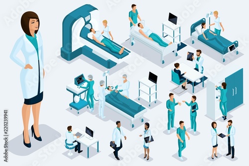 Isometry medicine, Woman doctor, surgeon large figure, medical devices, diagnosis, treatment, a large set of medical equipment