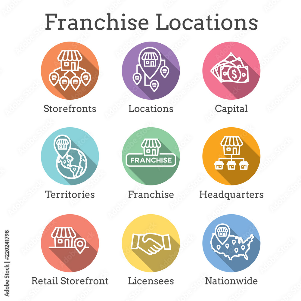 Franchise Icon Set with Home Office, corporate Headquarters and Franchisee Icon Images