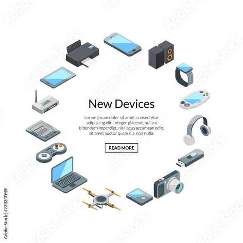 Vector isometric gadgets icons in circle shape with place for text illustration