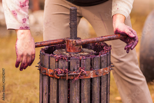 Tableau sur toile man hands operating the press, Homemade wine production