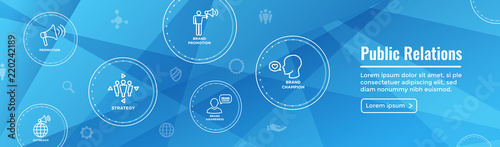 Public Relations Web Header Banner and Icon Set with brand awareness, strategy, and promotion