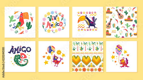 Vector collection of cards with traditional decoration for Mexico party, carnival, celebration, fiesta event in flat hand drawn style. Animals, floral elements, petals, cacti, lettering, patterns.