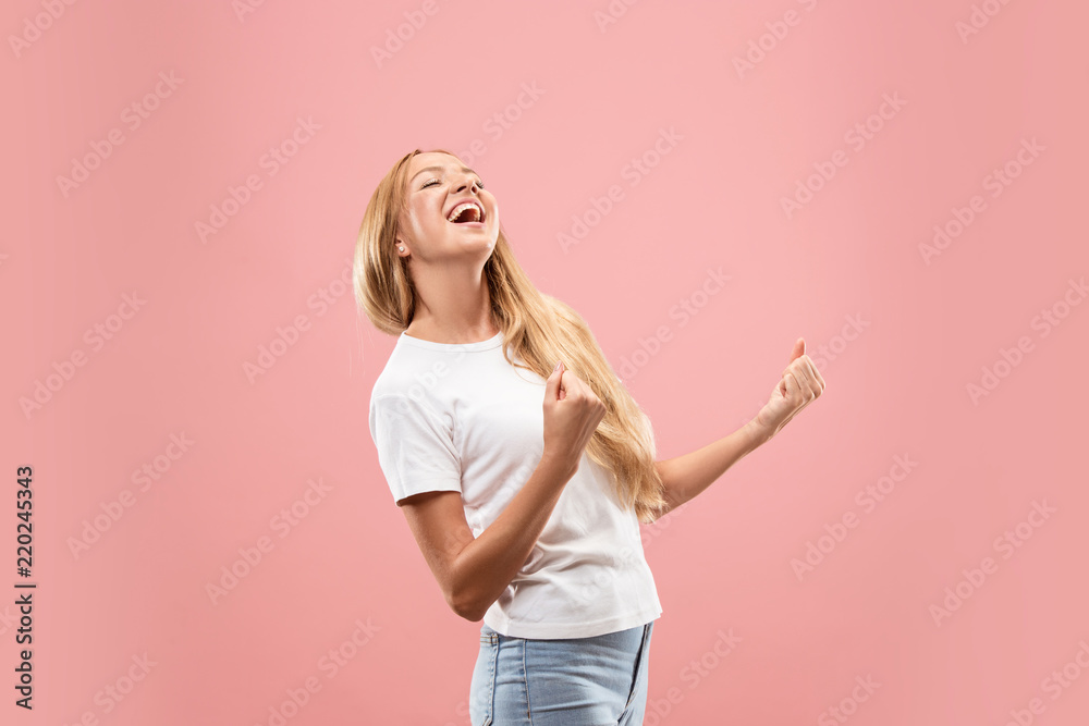 I won. Winning success happy woman celebrating being a winner. Dynamic image of caucasian female model on studio background. Victory, delight concept. Human facial emotions concept. Trendy colors I won. Winning success happy woman celebrating being a winner. Dynamic image of caucasian female model on studio background. Victory, delight concept. Human facial emotions concept. Trendy colors