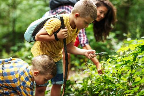 Mother and her little sons hiking trough forest .Boy using magnifying glass and looking at insects. photo