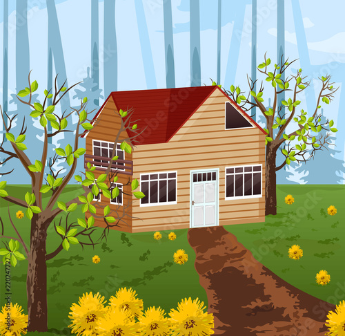 Wood house Vector with summer background illustrations