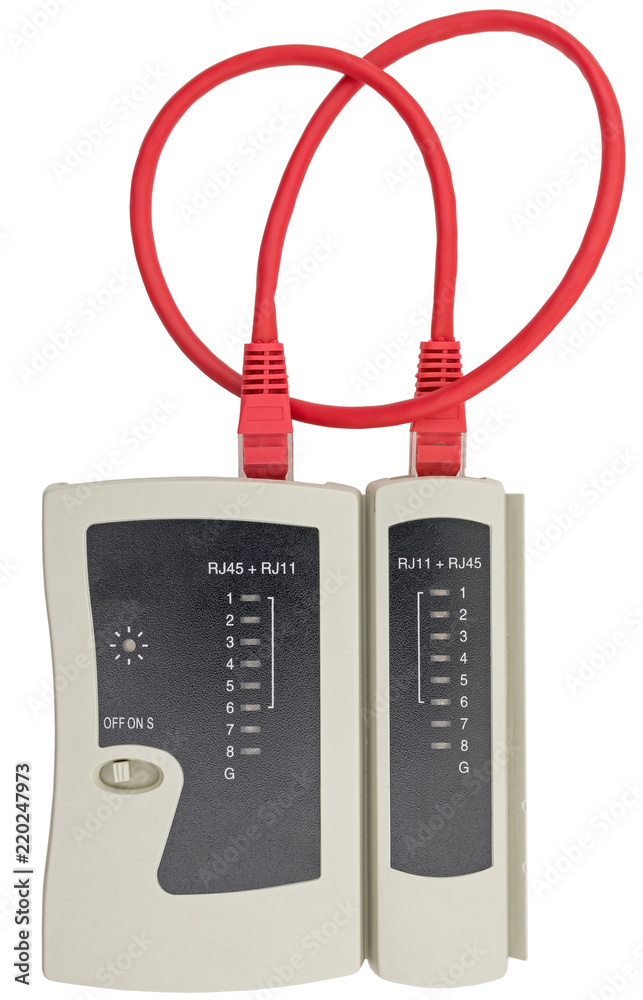 Network cable tester with UTP cable on a white background Stock Photo ...