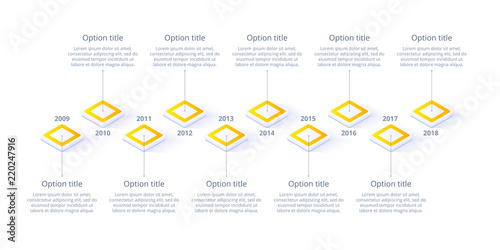Isometric business timeline workflow infographics. Corporate milestones graphic elements. Company presentation slide template with year periods. Modern vector history time line design.