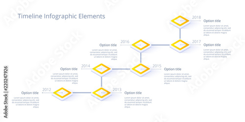 Isometric business timeline workflow infographics. Corporate milestones graphic elements. Company presentation slide template with year periods. Modern vector history time line design.