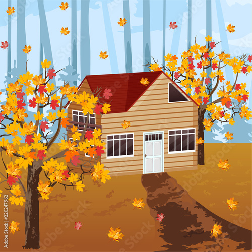 Wood house Vector autumn background illustrations fall