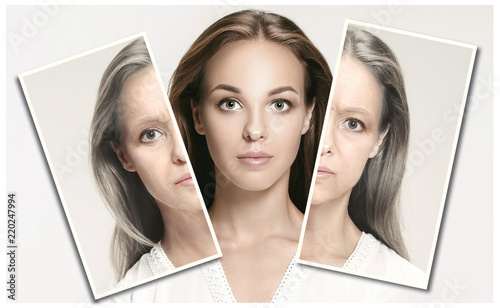 Comparison. Portrait of beautiful woman with problem and clean skin, aging and youth concept, beauty treatment and lifting. Before and after concept. Youth, old age. Process of aging and rejuvenation photo