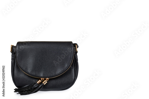 Black leather shoulder bag isolated on a white background, copy space template.