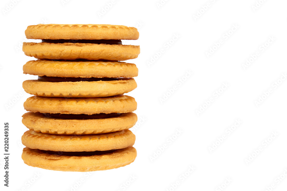 Cookies with cream filling isolated on white background, copy space template. Cookies with cream filling isolated on white background, copy space template.