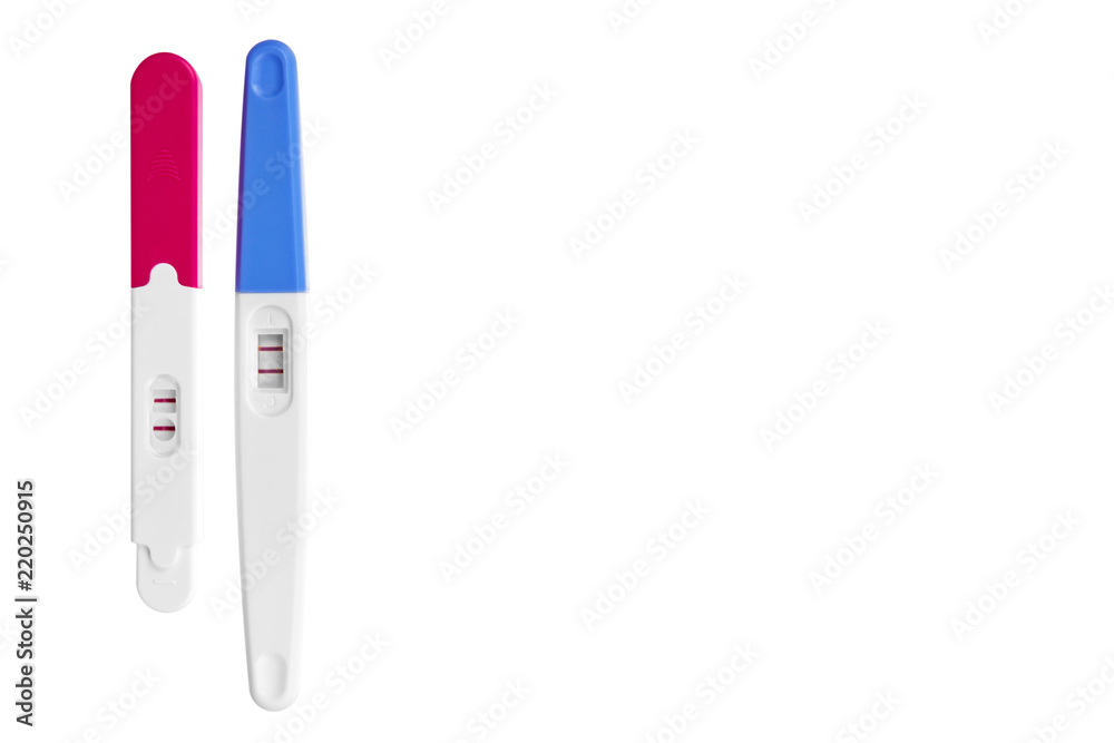 Positive pregnancy test isolated on white background, two lines, copy space template.