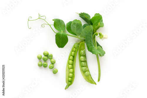 Isolated sweet green peas. Top view. White background. 