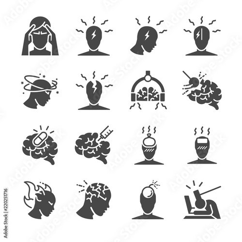 Headache icon set. Included the icons as Tension headaches, Cluster headaches, Migraine, brain symptom and more