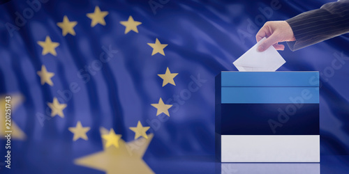 Hand inserting an envelope in a Estonia flag ballot box on European Union flag background. 3d illustration