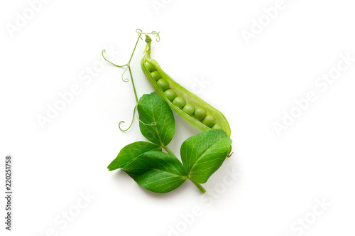 Isolated sweet green peas. Top view. White background. 