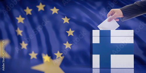 Hand inserting an envelope in a Finland flag ballot box on European Union flag background. 3d illustration