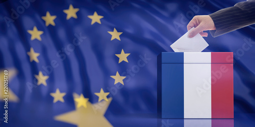 Hand inserting an envelope in a France flag ballot box on European Union flag background. 3d illustration