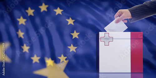 Hand inserting an envelope in a Malta flag ballot box on European Union flag background. 3d illustration