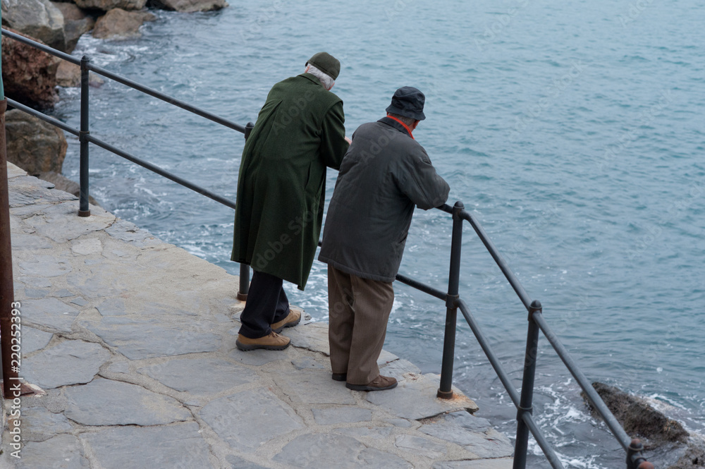 Two men watching the sea of Cinque Terre, Liguria, Italy