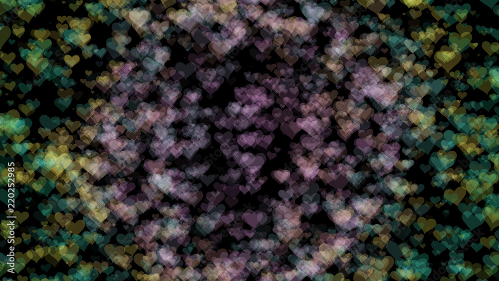 Abstract background with various multicolored hearts. Big and small.