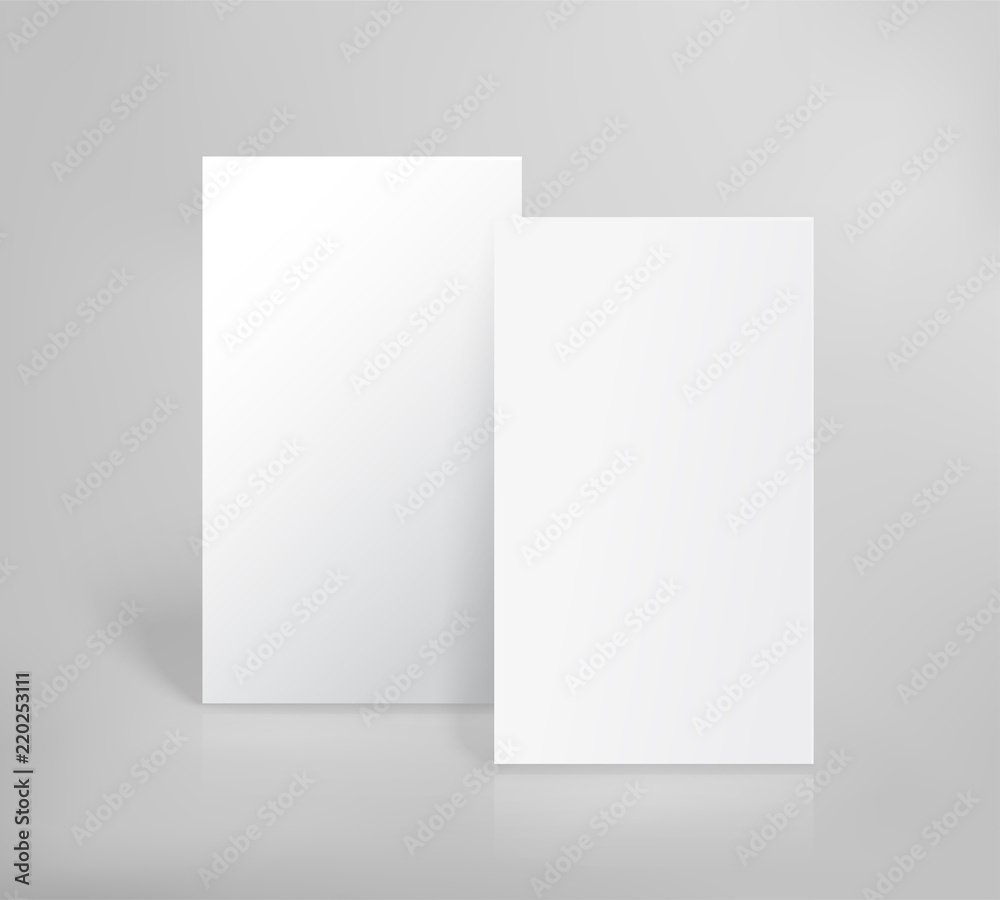 Stack of two white paper sheets for booklet, business card design or flyer mockup template on light gray vector background Stack of two white paper sheets for booklet, business card design or flyer mockup template on light gray vector background