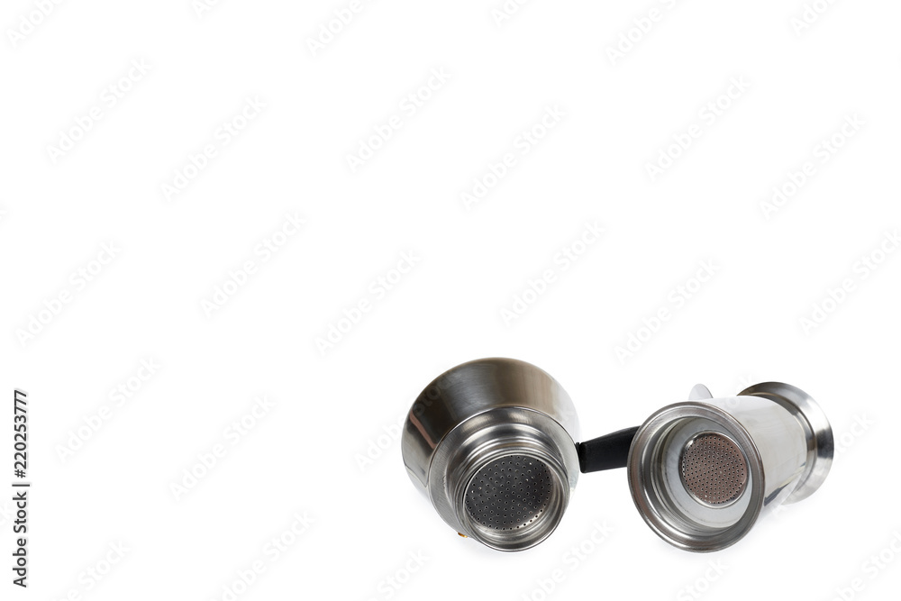 Metal geyser coffee pot isolated on white background, copy space template Metal geyser coffee pot isolated on white background, copy space template