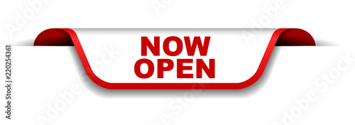 red and white banner now open