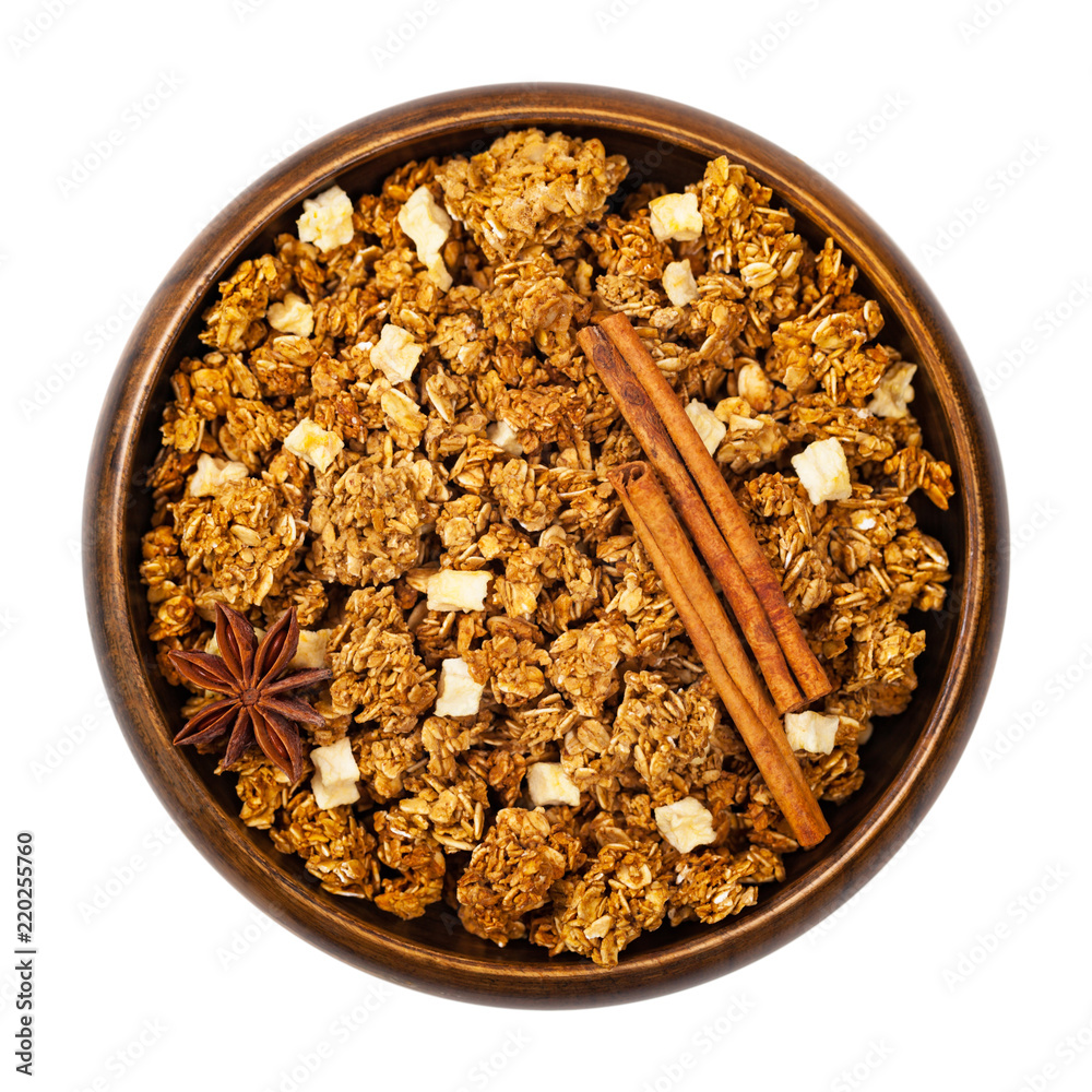Apple Cinnamon Granola Isolated on a White Background. Selective focus. Apple Cinnamon Granola Isolated on a White Background. Selective focus.