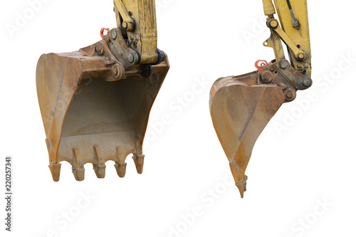 Schilderij op canvas yellow excavator bucket isolated on white background