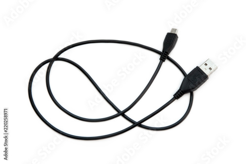 black USB cable on a white background.