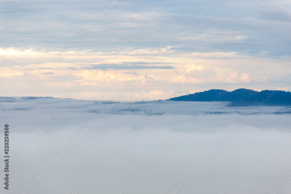 The landscape photo, beautiful sea fog in morning time in Thailand