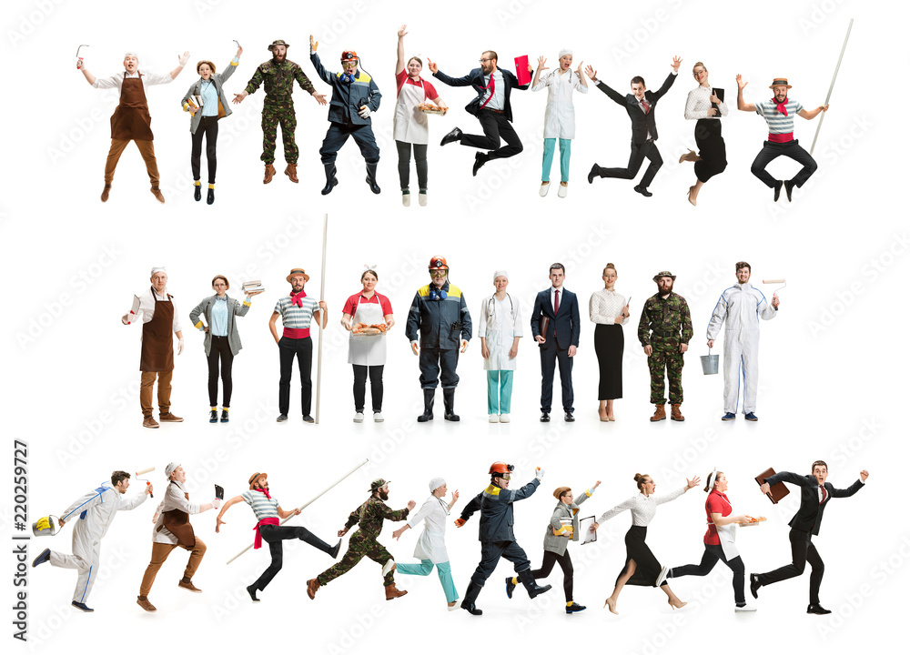 Collage of different professions. Group of men, women in uniform running at studio isolated on white. Full length of people with different occupations. Buisiness, professional concept