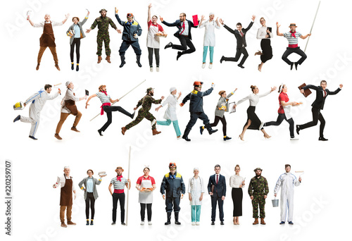 Collage of different professions. Group of men, women in uniform running at studio isolated on white. Full length of people with different occupations. Buisiness, professional concept