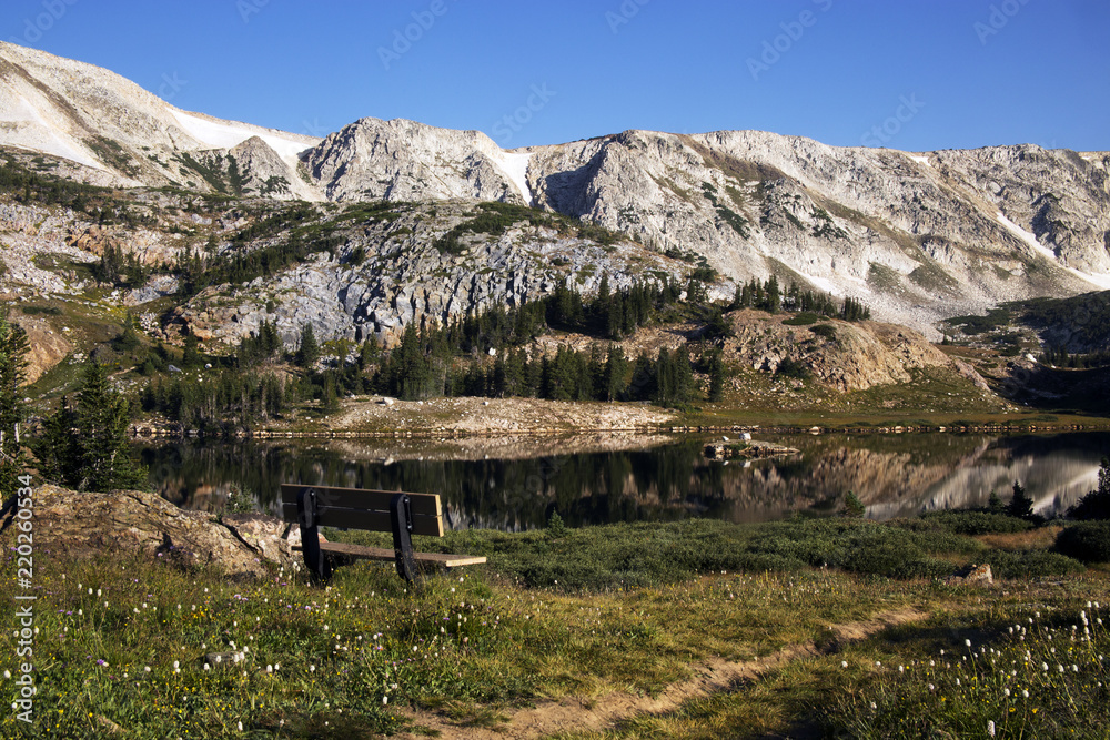 Libby Lake bench Sunrise in the Snowy Range Mountains of Wyoming Libby Lake bench Sunrise in the Snowy Range Mountains of Wyoming