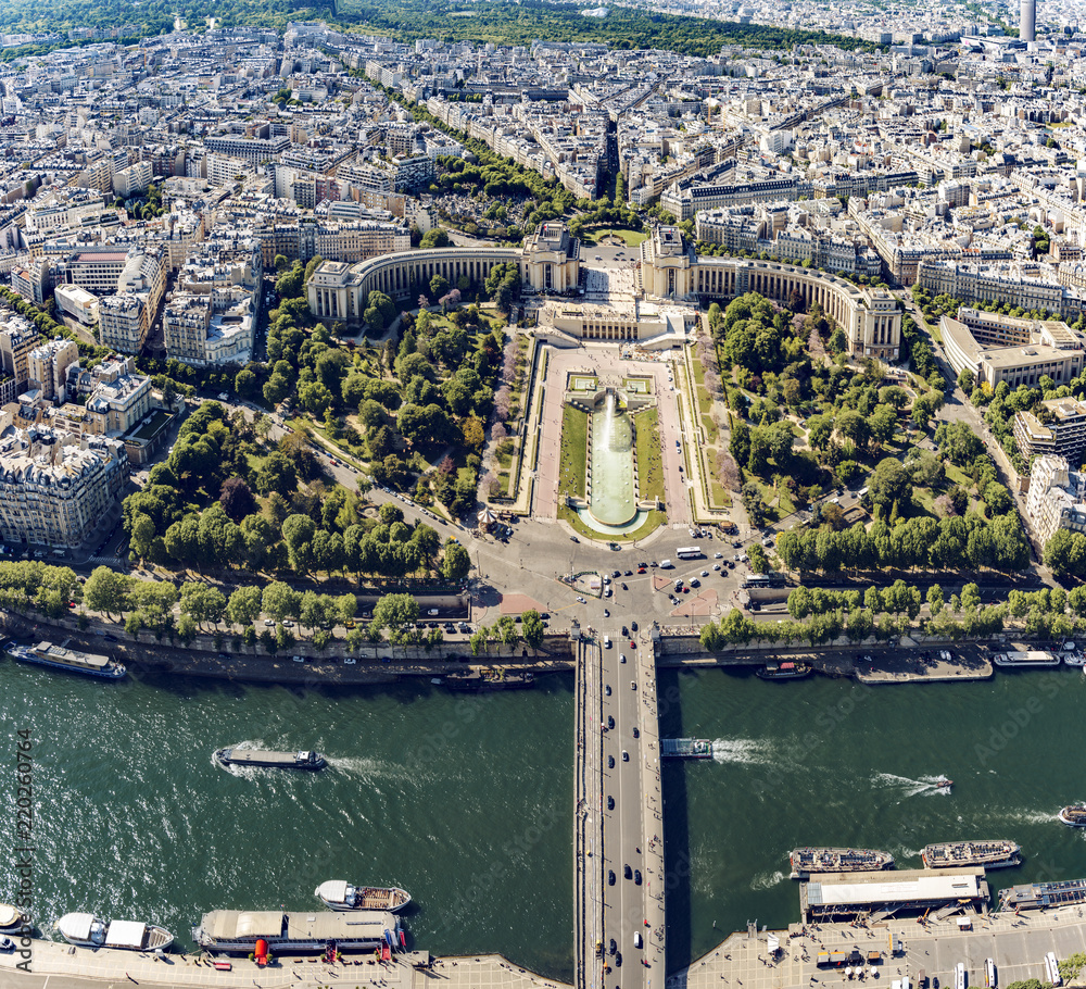 Aerial view over Trocadero and Trocadero Garden as seen from Eiffel Tower.