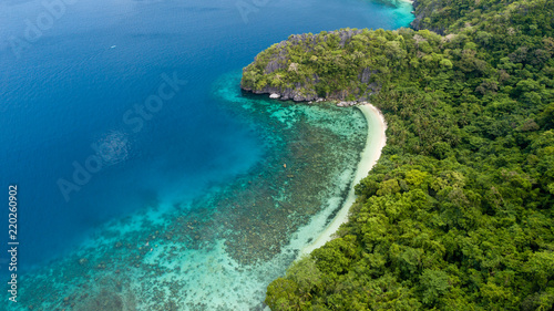 Aerial drone view of a beautiful, sandy tropical beach in Palawan, Philippines