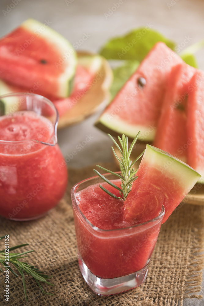 Watermelon drink in glasses with slices of watermelon Watermelon drink in glasses with slices of watermelon