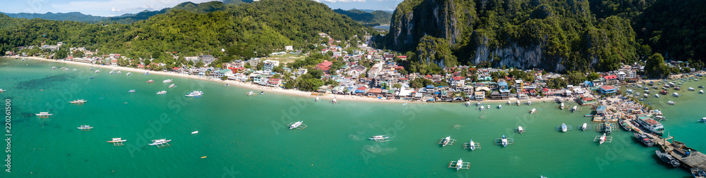 Aerial panoramic view of the picturesque town of El Nido on the island of Palawan, Philippines