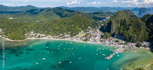 Aerial panoramic view of the picturesque town of El Nido on the island of Palawan, Philippines