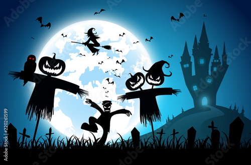 illustration blue background,festival halloween concept,full moon on dark night with many ghost,scarecrow,frankenstein and devil walking to castle for celebration halloween day